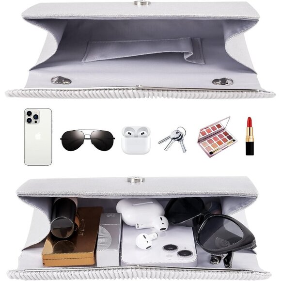 πWomenβs Silver Bling Envelope Evening Bag w/Chain Polyester Formal Handbag - Picture 3 of 7